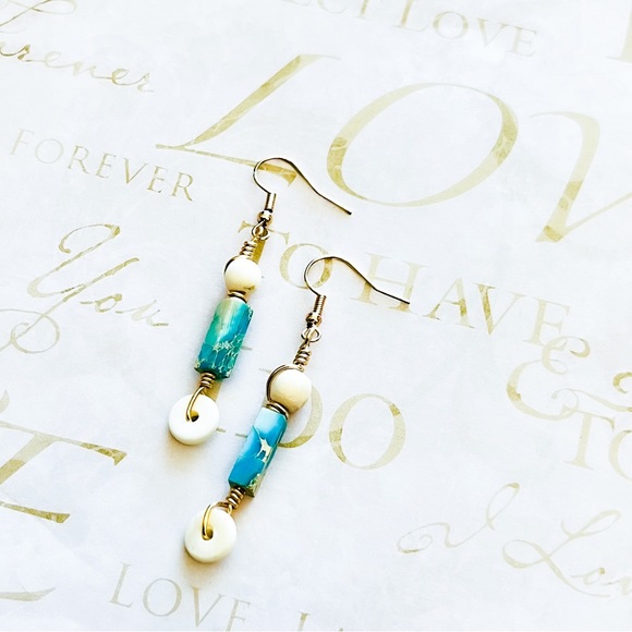 Aqua Imperial Jasper And Natural Wood Drop Earrings - Picture 7 of 8